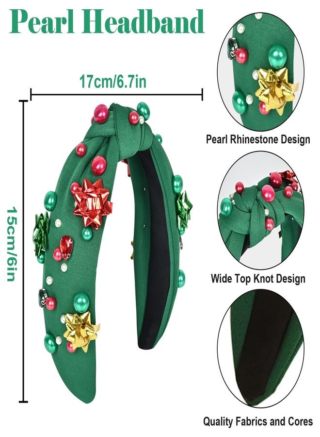 Krfapt Jeweled Plaid Headband with Embellished Crystals and Pearls - Knotted Wide Top Knot Hair Accessory for Women, Holiday Outfits & Gifts （Green） - Image 2